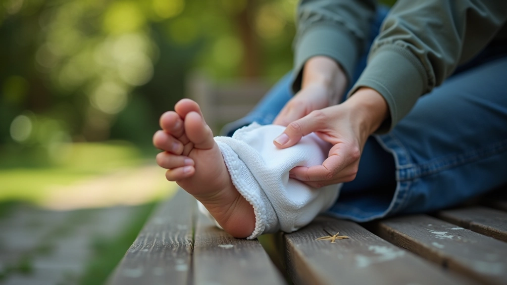 Detailní pohled na poskytování první pomoci — obvaz na kotníku se studovým balením